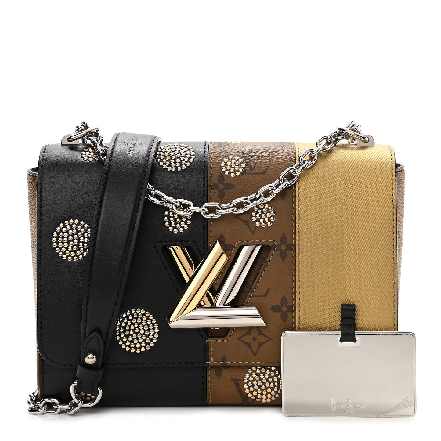 Calfskin Reverse Monogram Studded Twist Shoulder Bag MM Black Gold
