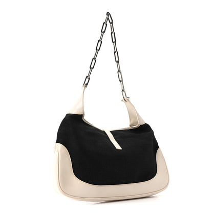 Gucci Canvas Calfskin Jackie O Chain Hobo White Black 3 of 14
