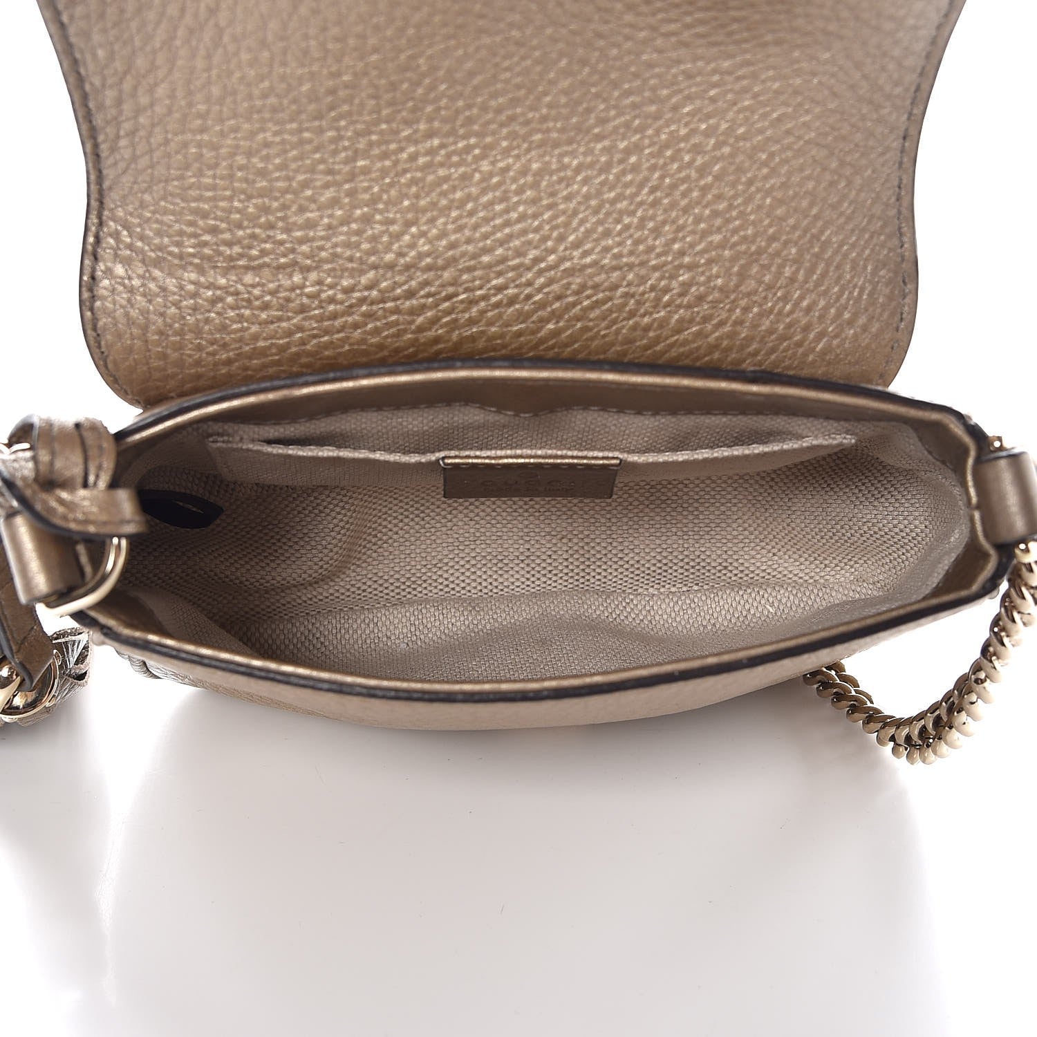 Gucci Metallic Pebbled Calfskin Small Soho Flap Crossbody Golden Beige 5 of 7