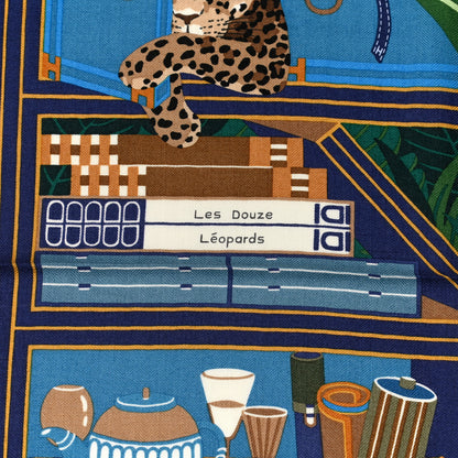 Hermes Cashmere Silk Les Douze Leopards Shawl 140 Bleu Moyen Vert 5 of 5