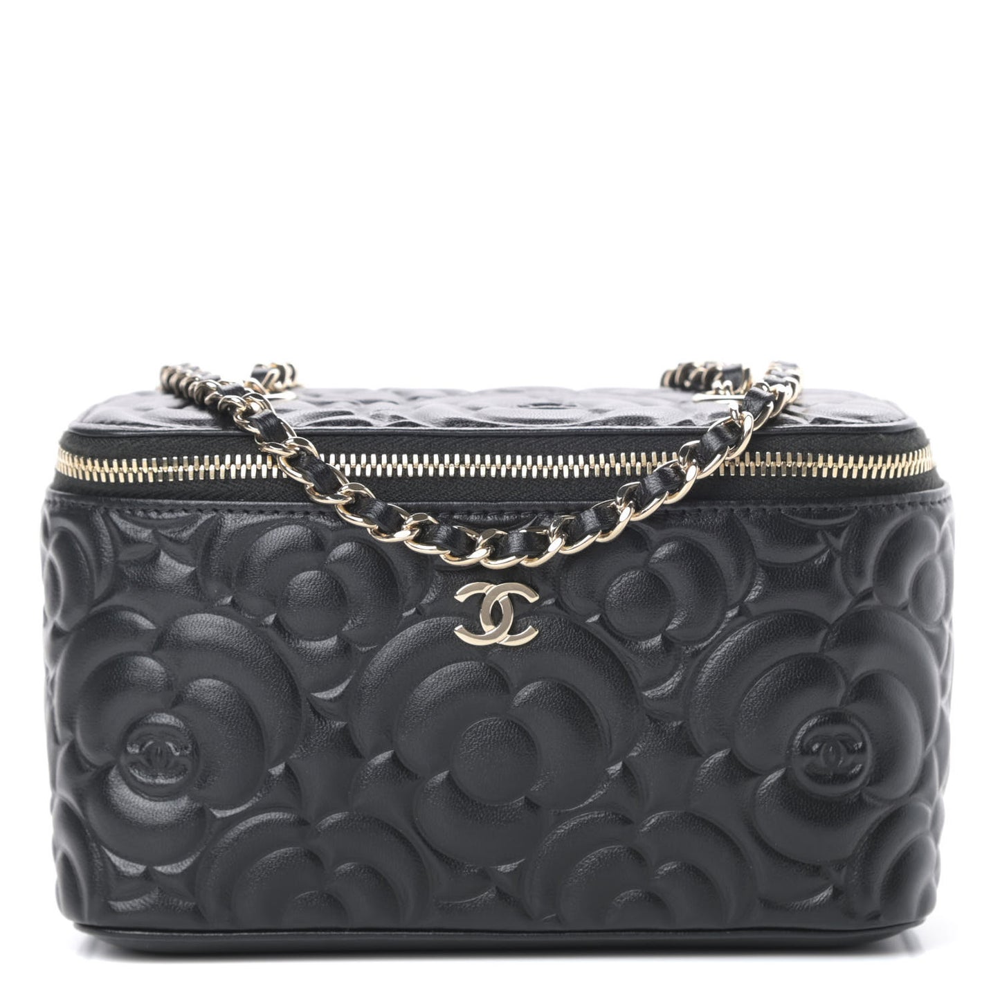 Lambskin Camellia Embossed Small Vanity Case With Chain Black