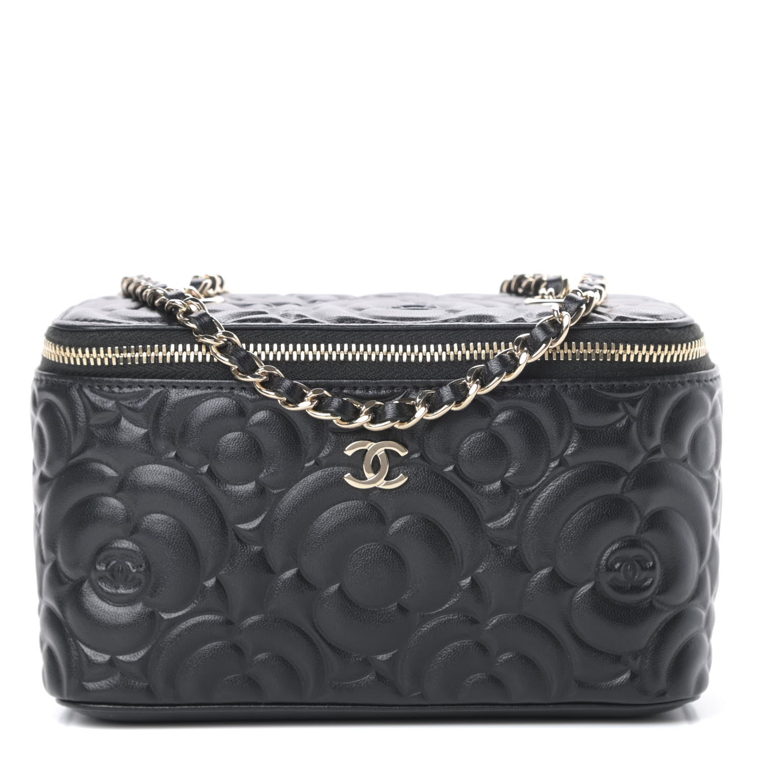 Chanel Lambskin Camellia Embossed Small Vanity Case With Chain Black 1 of 13