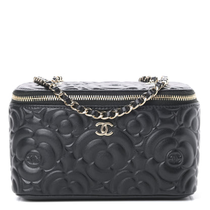Chanel Lambskin Camellia Embossed Small Vanity Case With Chain Black 1 of 13