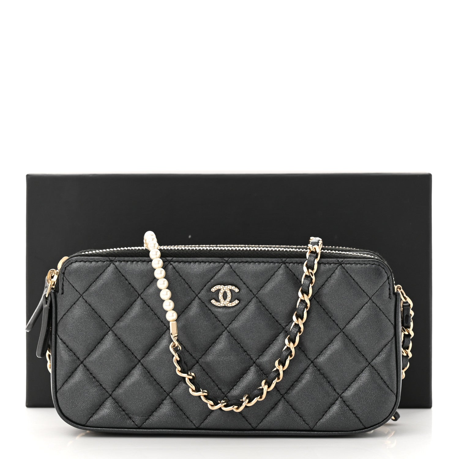 Chanel Iridescent Lambskin Quilted Pearl Clutch With Chain Black 12 of 12