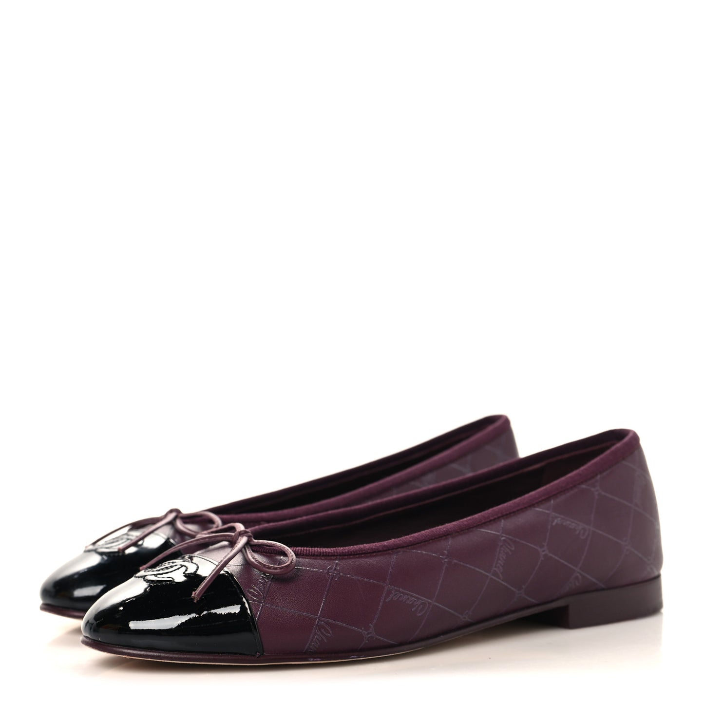 Printed Lambskin Patent CC Cap Toe Ballerina Flats 38 Burgundy Black