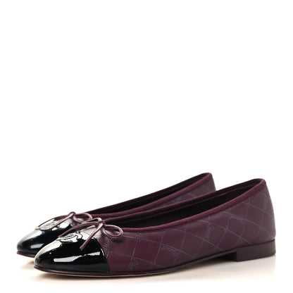 Chanel Printed Lambskin Patent CC Cap Toe Ballerina Flats 38 Burgundy Black 4 of 10