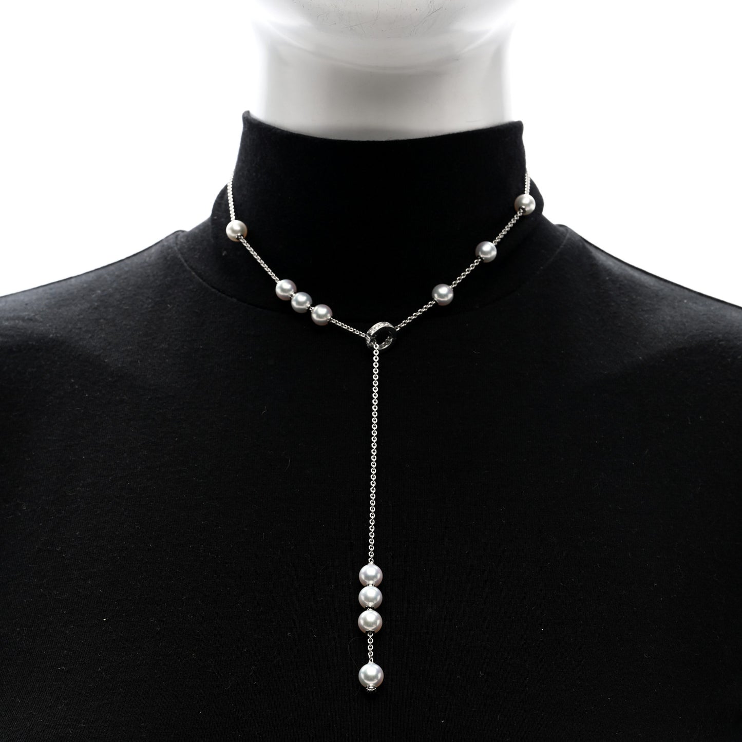 18K White Gold Diamond Akoya Cultured Pearl 7-7.5mm Pearls in Motion Lariat Necklace