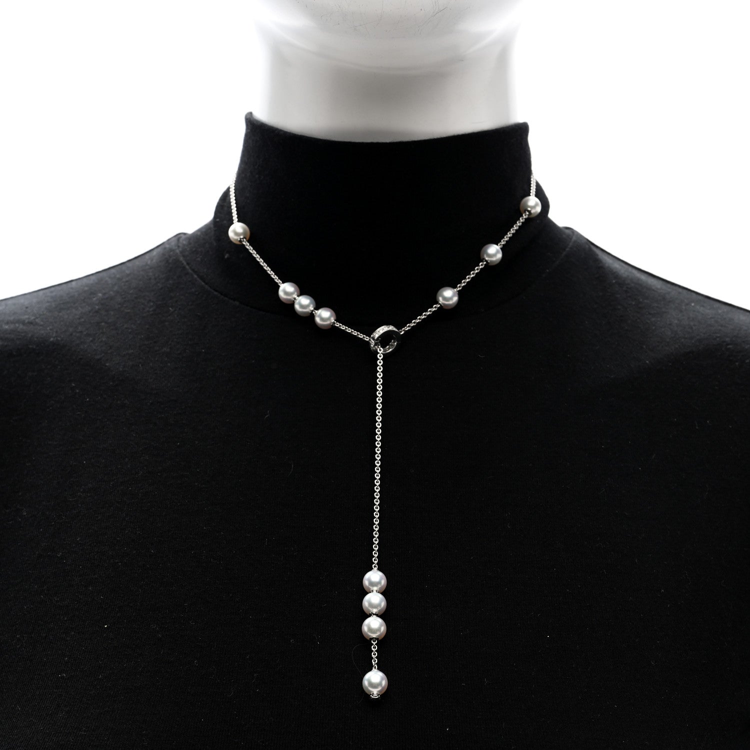 Mikimoto 18K White Gold Diamond Akoya Cultured Pearl 7-7.5mm Pearls in Motion Lariat Necklace 2 of 4