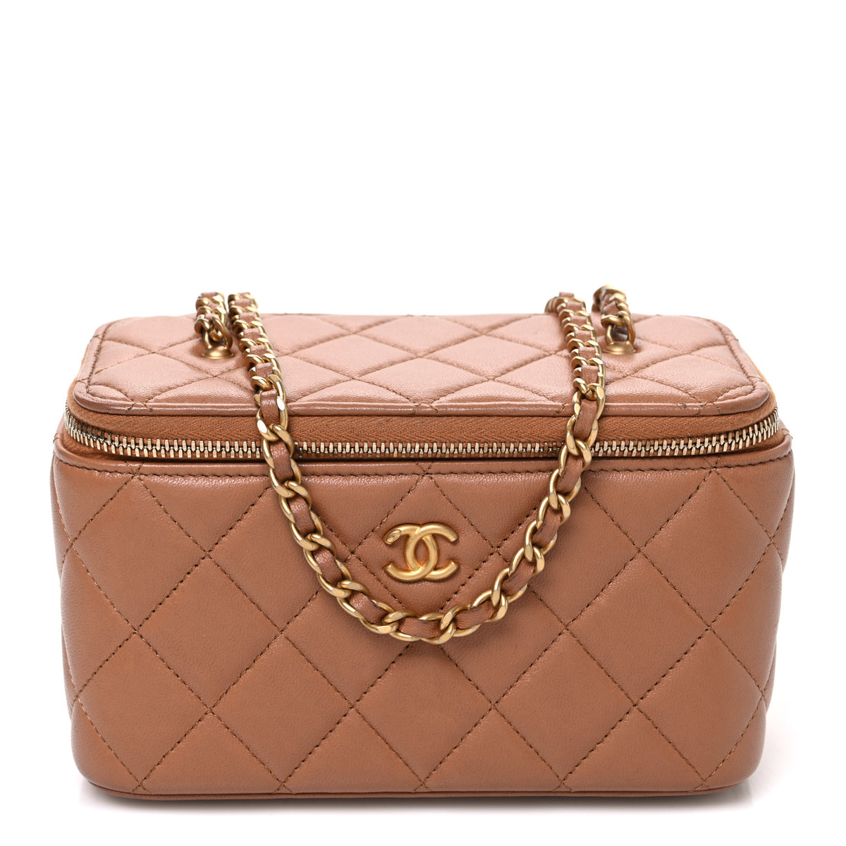 Lambskin Quilted Pearl Crush Small Vanity Case With Chain Brown