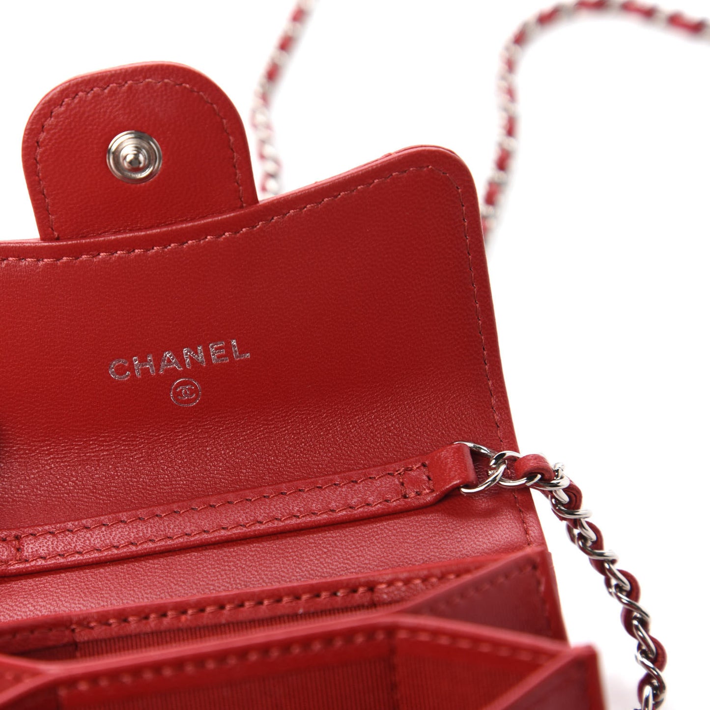 Lambskin Quilted Flap Card Holder On Chain Red