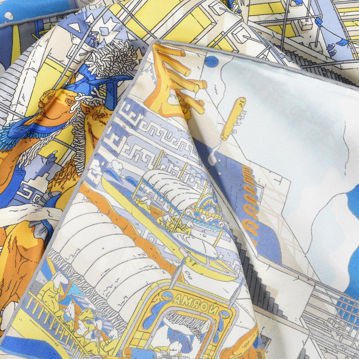 Silk La Legende Du Cheval A Plumes Scarf 90 Bleu Jaune Gold