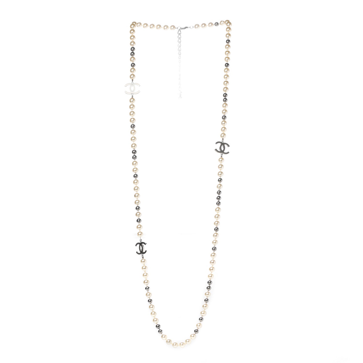 Chanel Pearl CC Long Necklace Silver Pearly White Grey 3 of 6