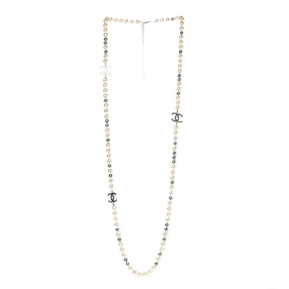 Chanel Pearl CC Long Necklace Silver Pearly White Grey 3 of 6