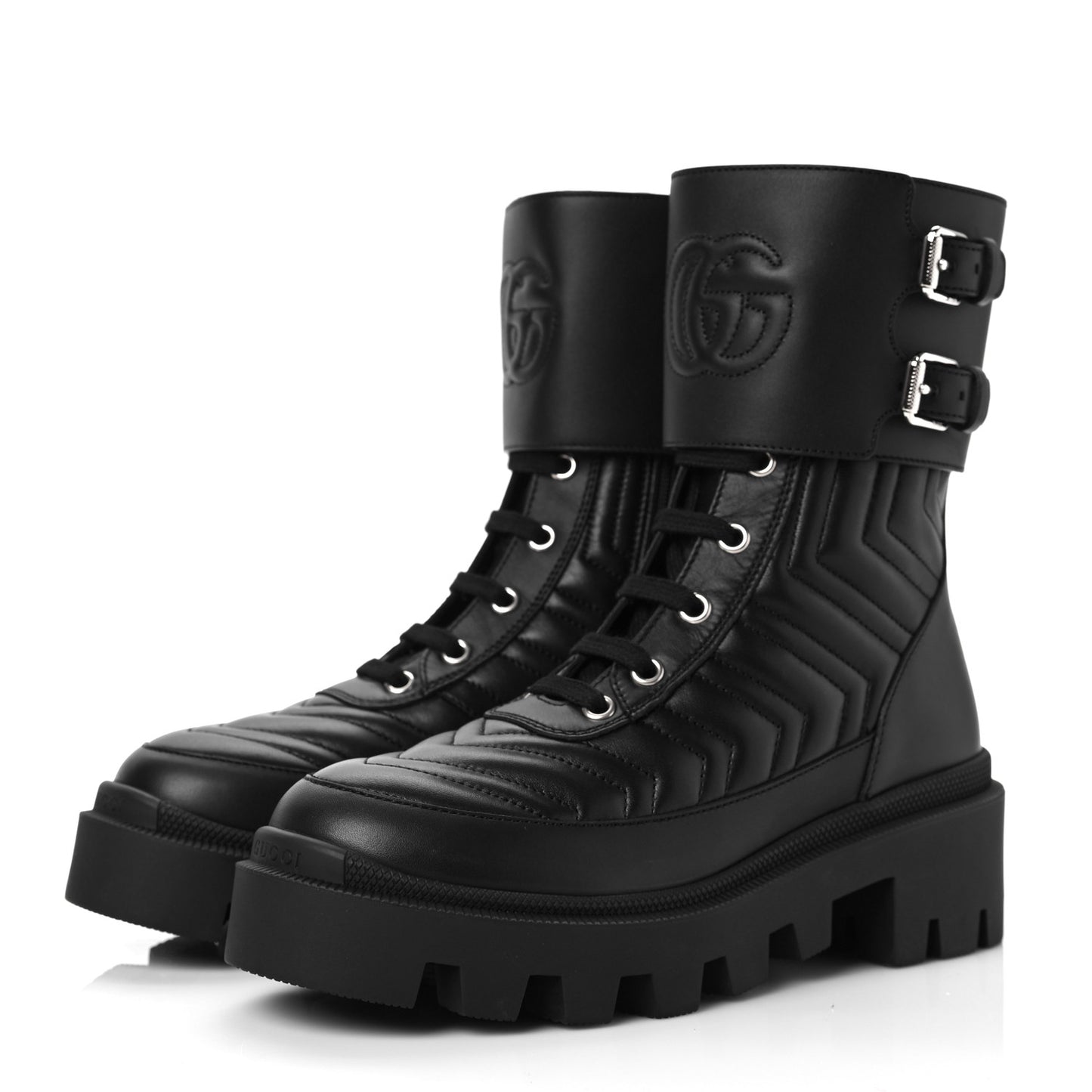 Nappa Frances GG Matelasse Platform Combat Boots 35.5 Black