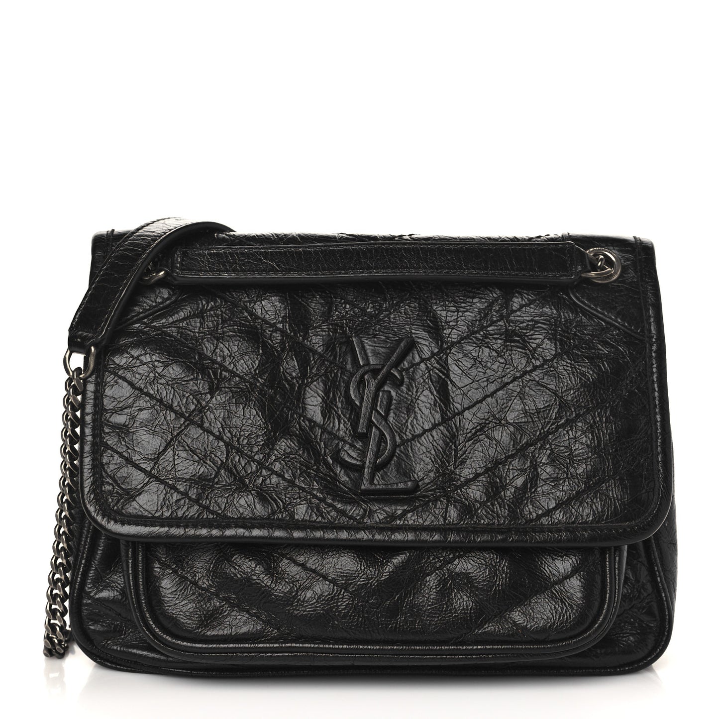Crinkled Calfskin Matelasse Monogram Baby Niki Chain Satchel Black