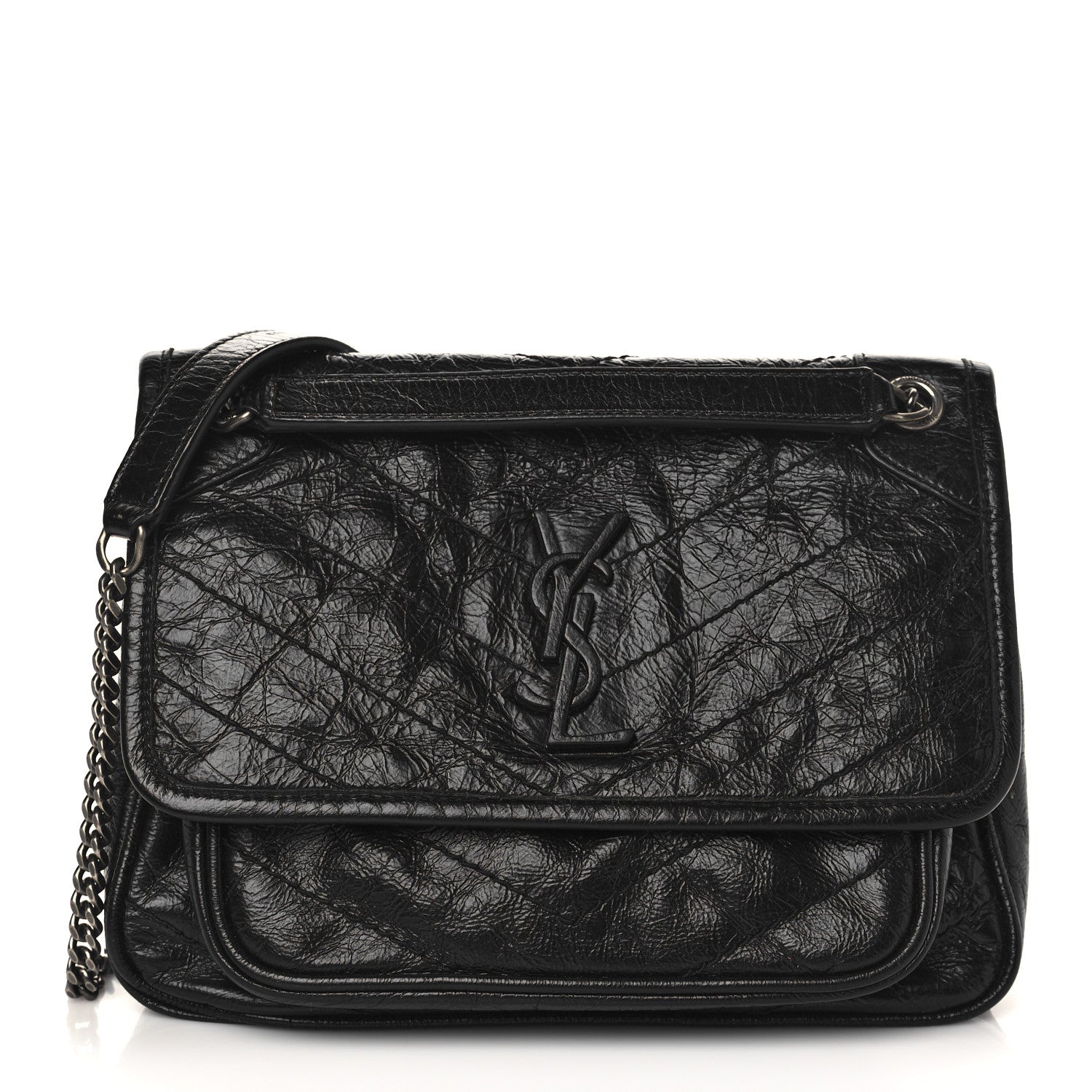 Saint Laurent Crinkled Calfskin Matelasse Monogram Baby Niki Chain Satchel Black 1 of 6