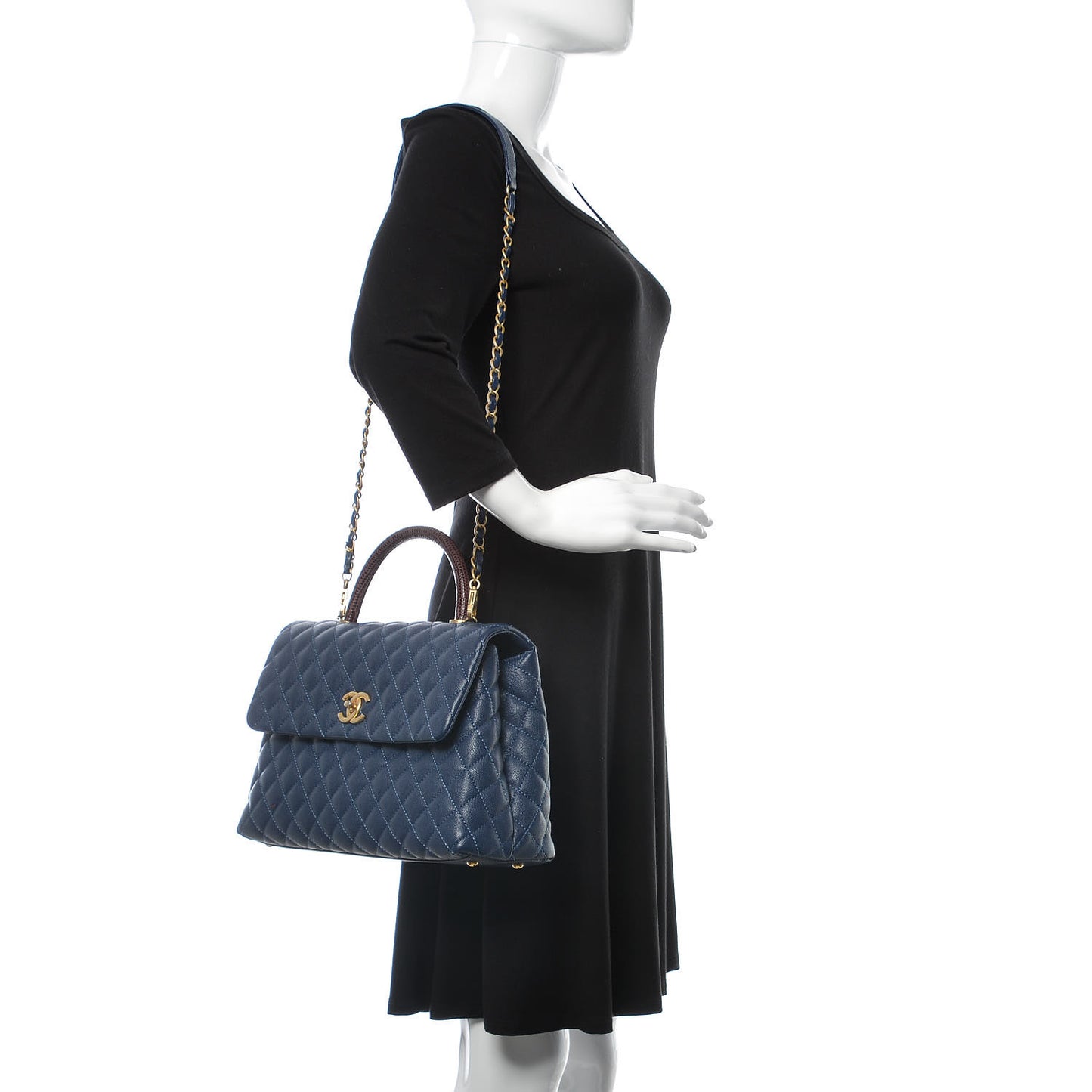 Caviar Lizard Quilted Medium Coco Handle Flap Navy