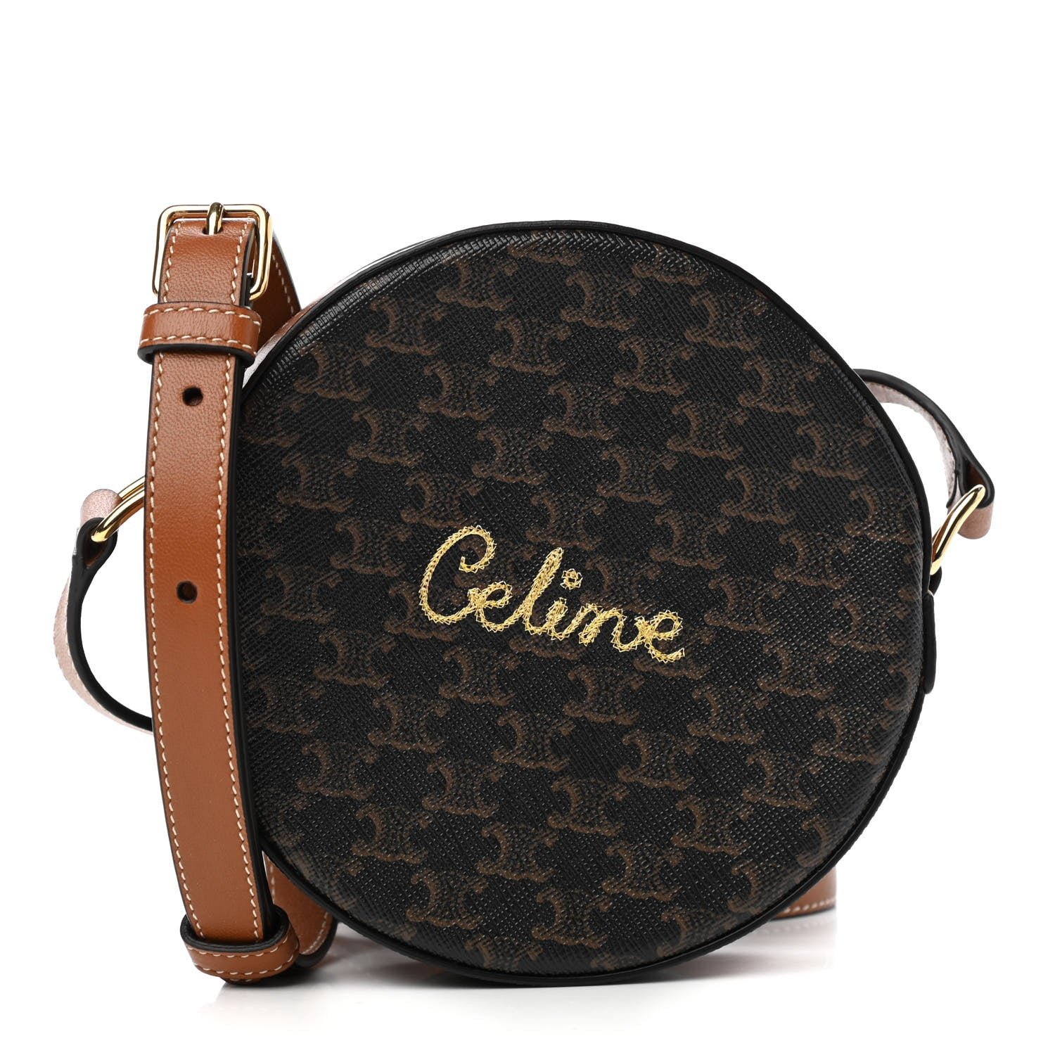 CELINE ロゴ入り ブラウン バッグ Celine Triomphe Canvas Embroidered Logo Round Purse On Strap