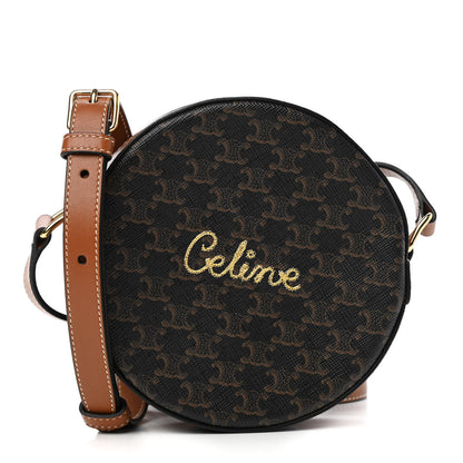 Celine Triomphe Canvas Embroidered Logo Round Purse On Strap Black Tan 1 of 9