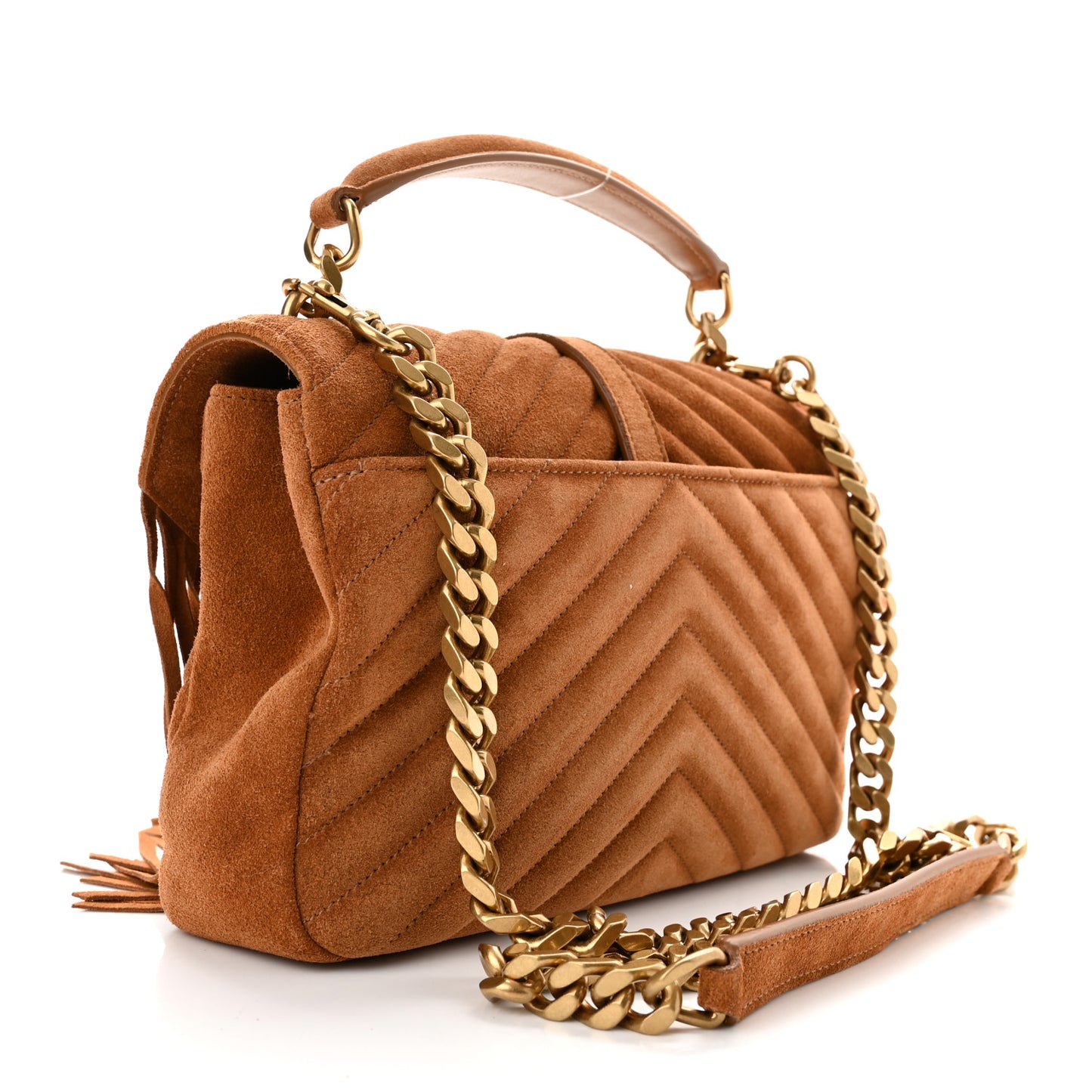Suede Matelasse Chevron Fringe Monogram Medium College Bag Brown