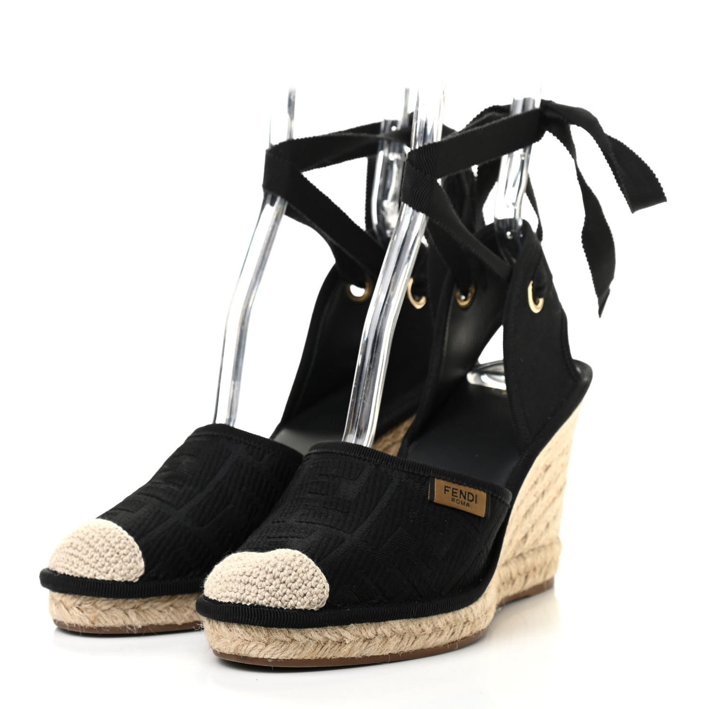 Canvas FF Embroidered Roma Ankle Wrap Espadrille Wedges 38 Black