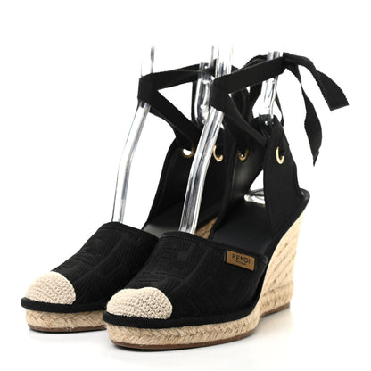 Fendi Canvas FF Embroidered Roma Ankle Wrap Espadrille Wedges 38 Black 3 of 7
