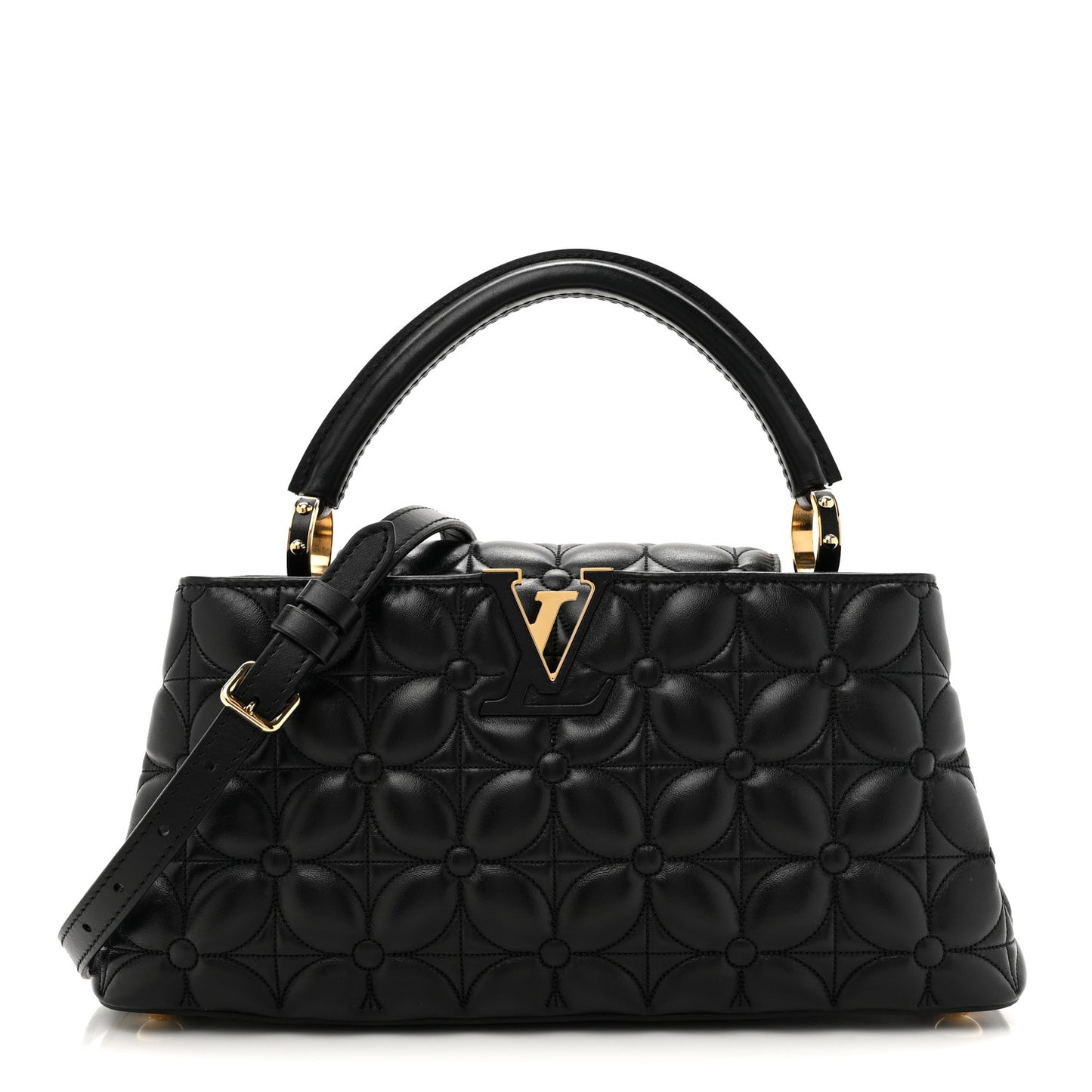 Lambskin Quilted Flower Capucines East West MM Black