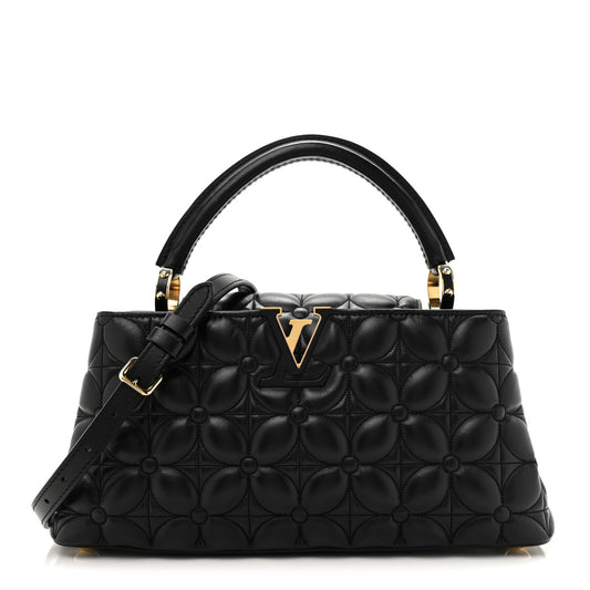 Lambskin Quilted Flower Capucines East West MM Black