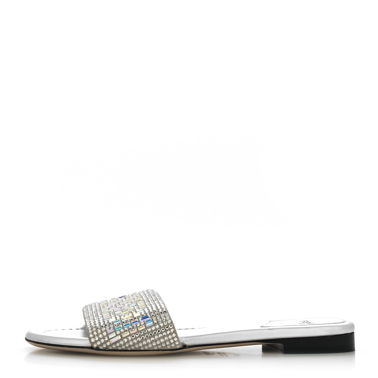 Fendi Laminated Goatskin Baguette Crystal Embroidered Signature Flat Slide Sandals 38 Silver 1 of 7