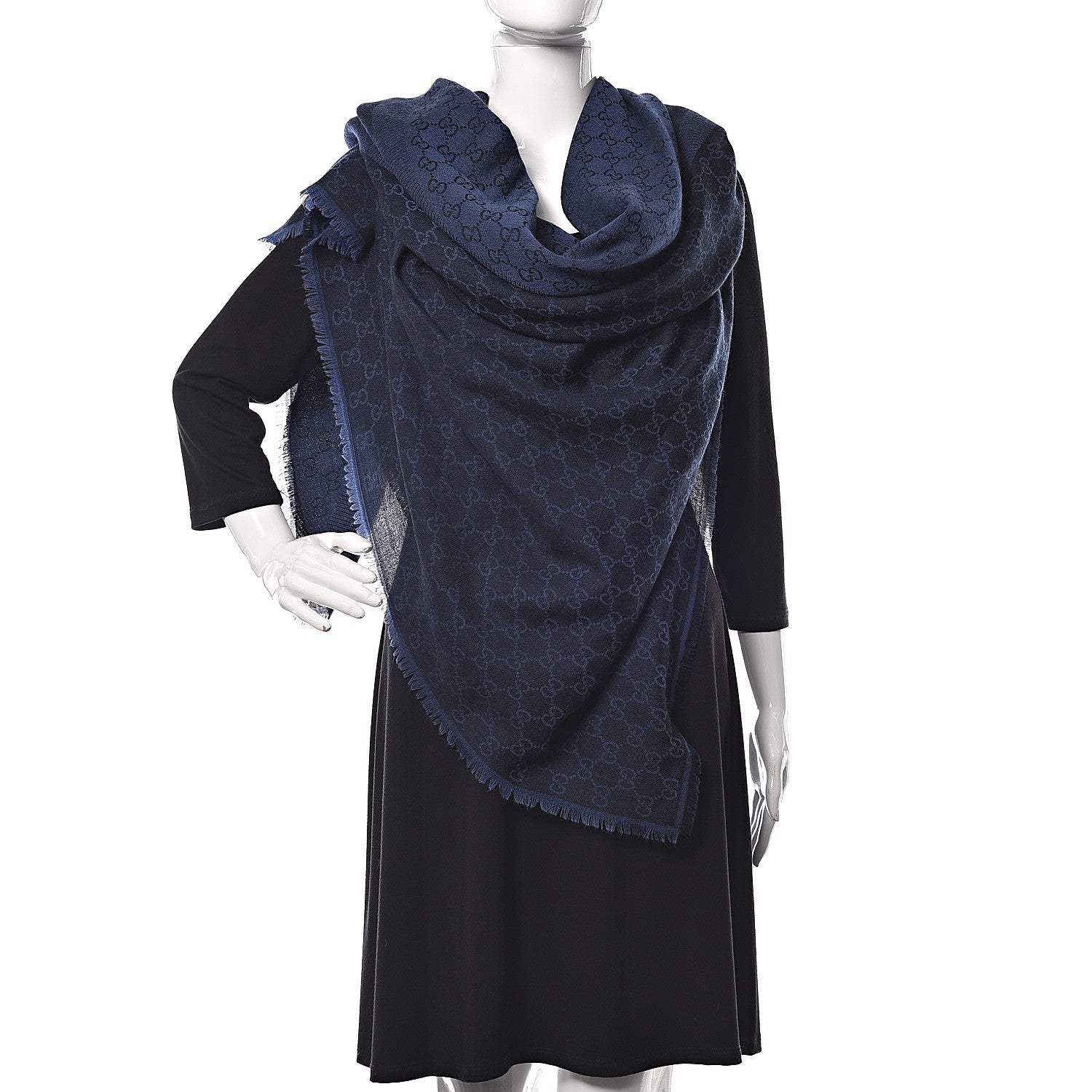 Gucci Wool Silk Monogram GGWeb Fringe Shawl Navy Blue 2 of 3