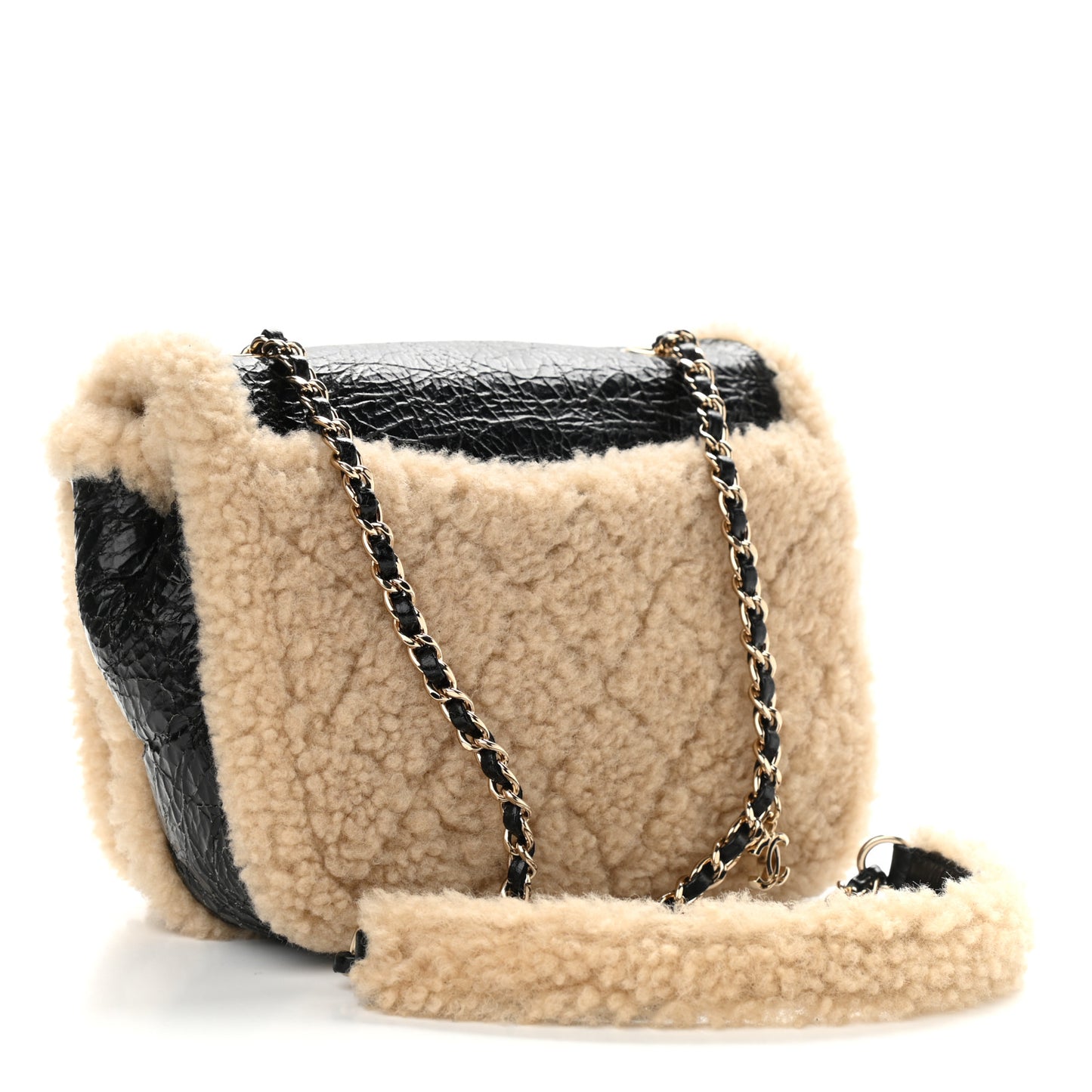 Shiny Crumpled Sheepskin Shearling CC Mania Flap Bag Black Beige