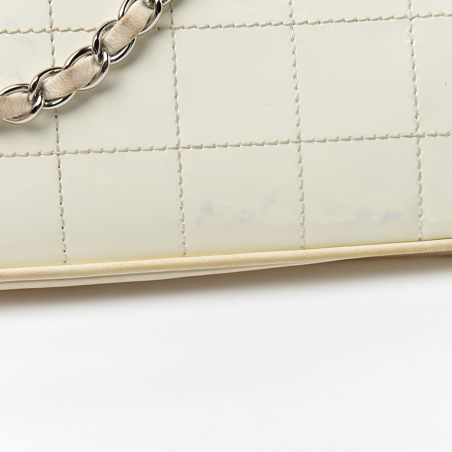 Patent Square Stitched CC Flap Clutch White