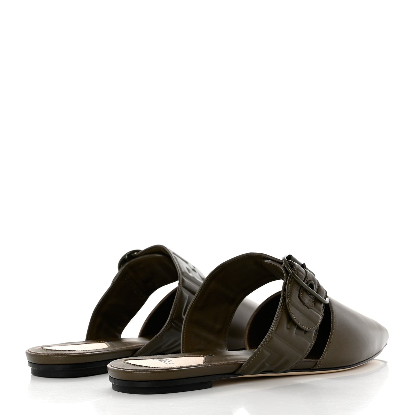 Vitello FF Embossed Buckle Flat Mules 40.5 Wood