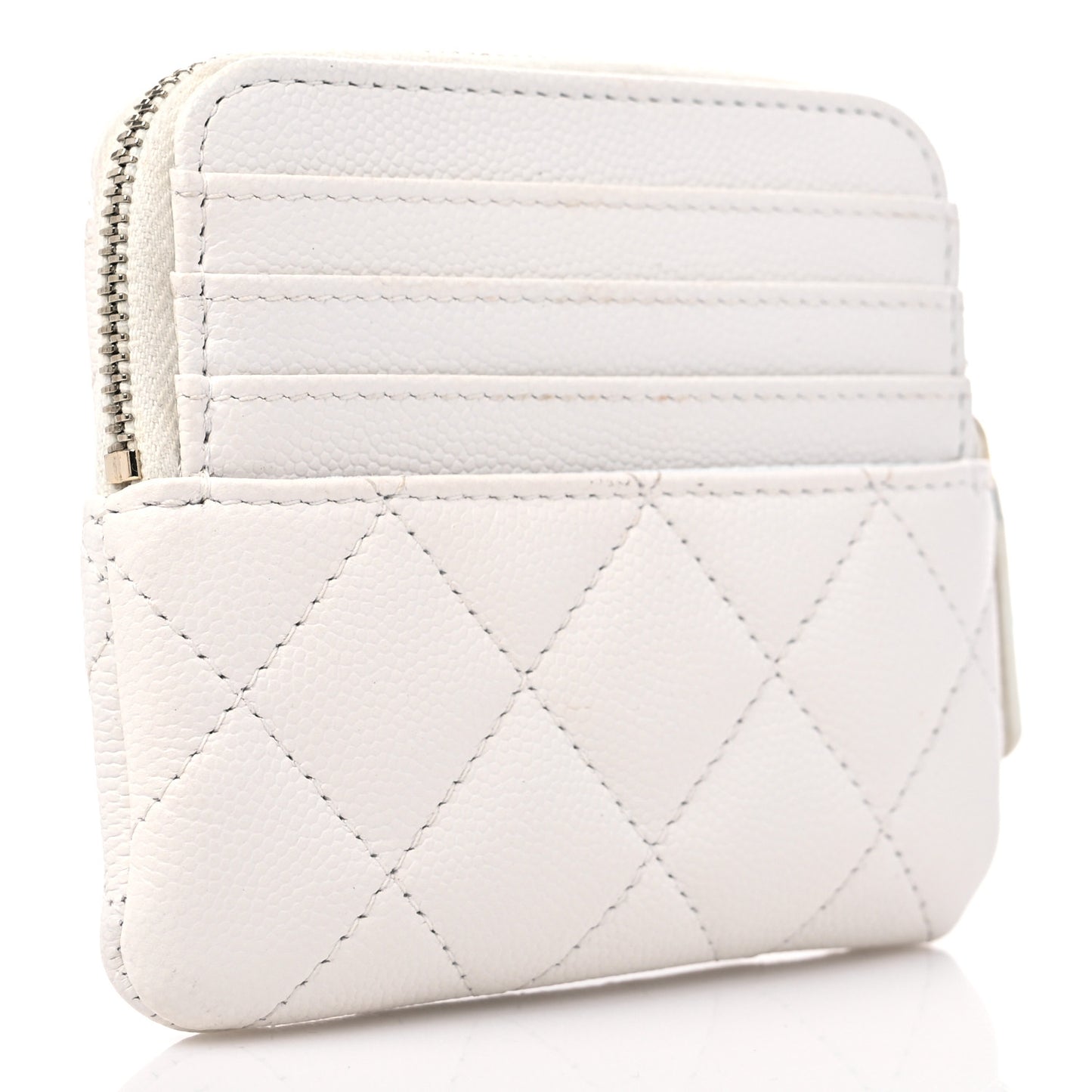Caviar Quilted Crystal Zip Card Holder Wallet White
