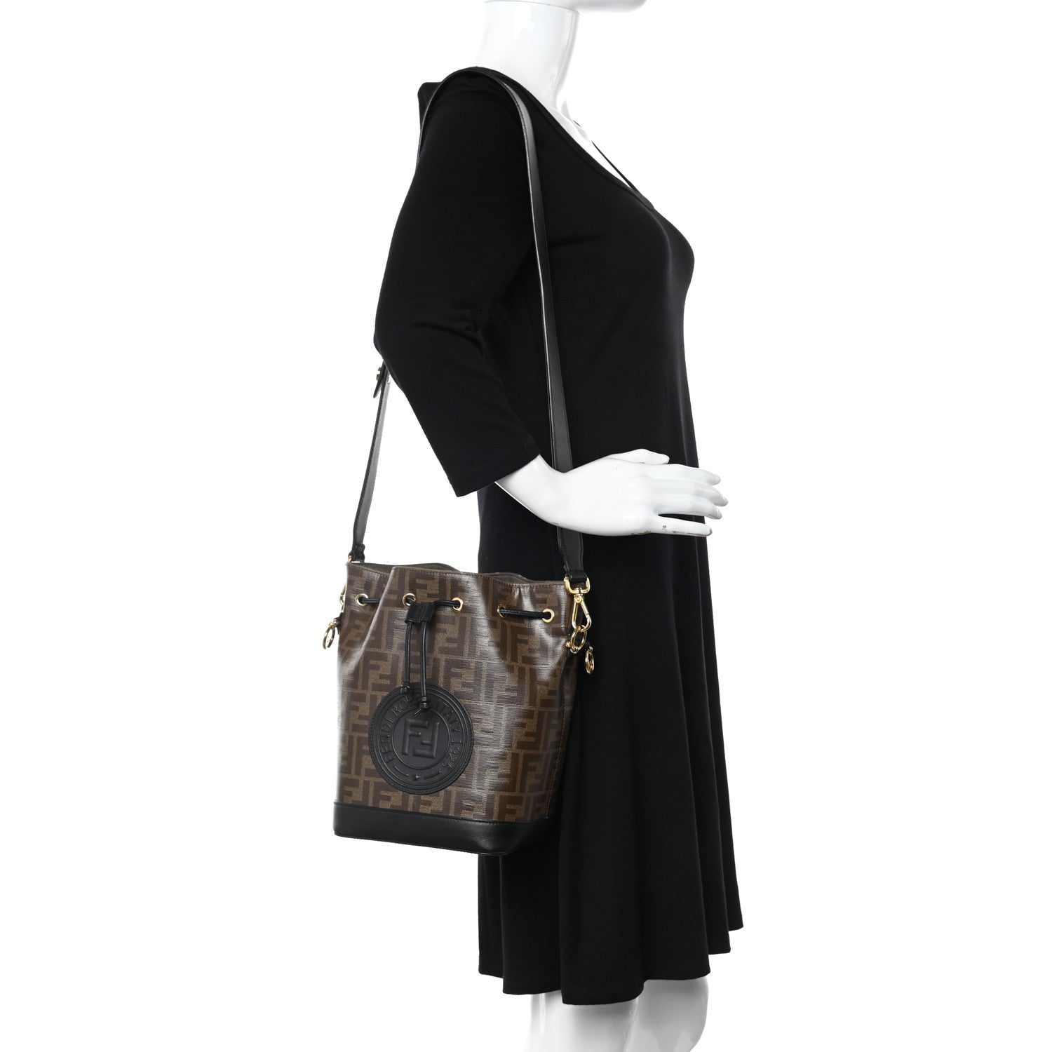 Fendi Glazed Fabric Vitello Grace F is Fendi FF 1974 Stamp Patch Grande Mon Tresor Bucket Bag Mogano Panna Black 2 of 11