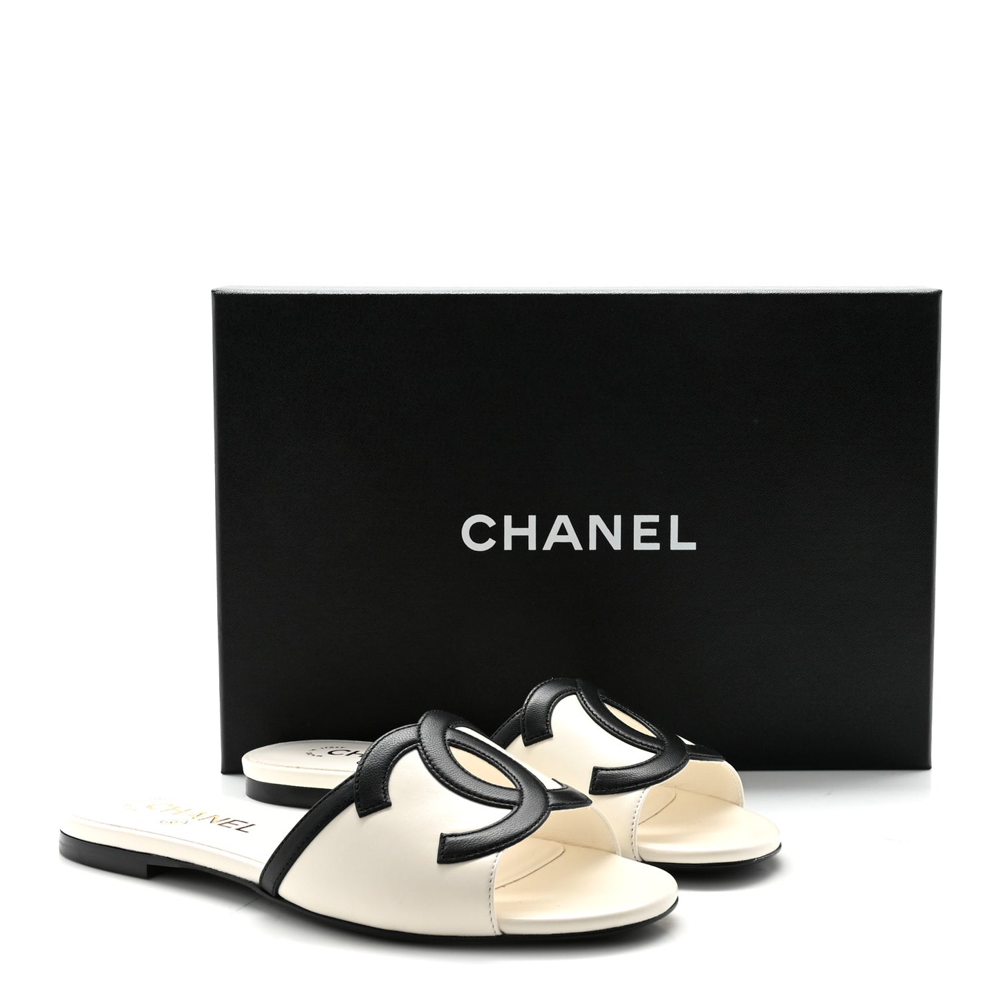 Lambskin CC Cutout Mules 37 Ivory Black