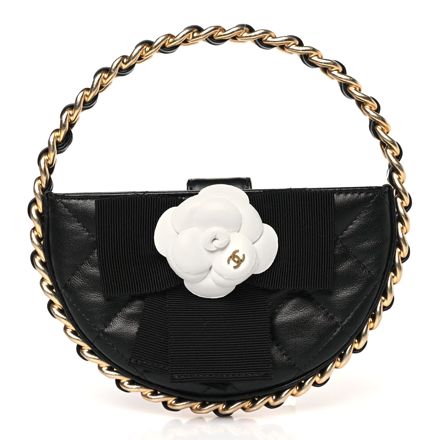 Lambskin Quilted Round Camellia Mini Clutch Black