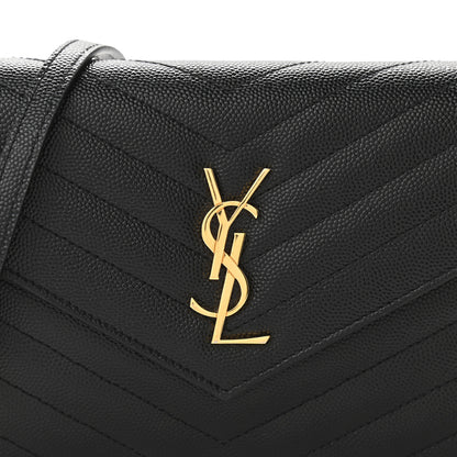 Saint Laurent Grain De Poudre Matelasse Chevron Monogram Envelope Chain Wallet Black 7 of 10
