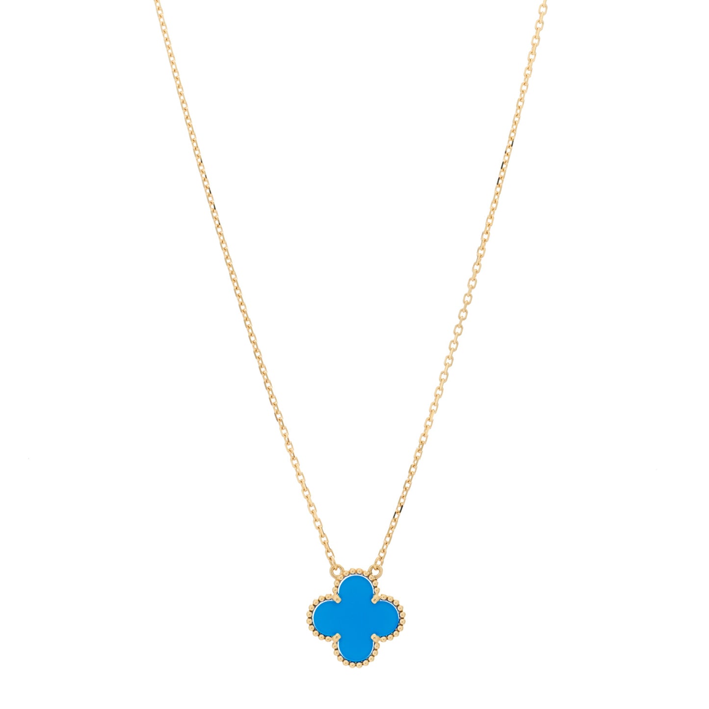 18K Yellow Gold Blue Agate Vintage Alhambra Pendant Necklace