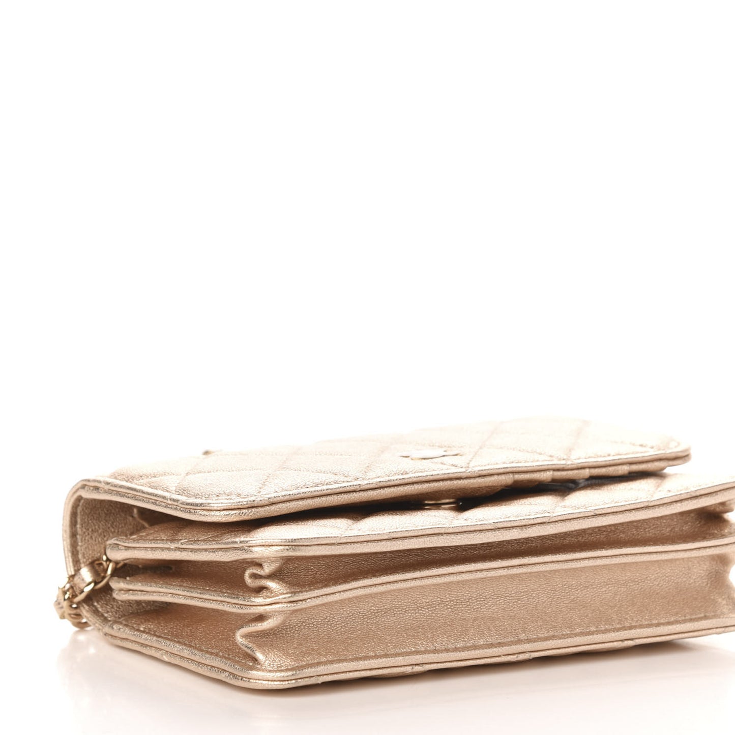 Metallic Lambskin Quilted Mini Wallet On Chain WOC Gold