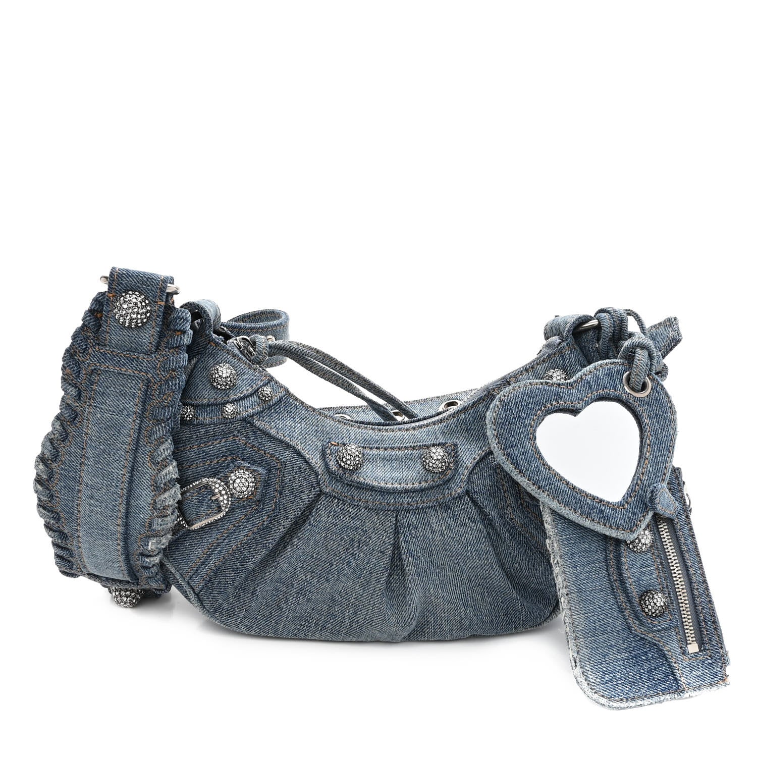 Balenciaga Washed Frayed Denim Crystal Le Cagole Shoulder Bag XS Blue 1 of 9