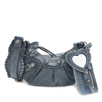 Balenciaga Washed Frayed Denim Crystal Le Cagole Shoulder Bag XS Blue 1 of 9