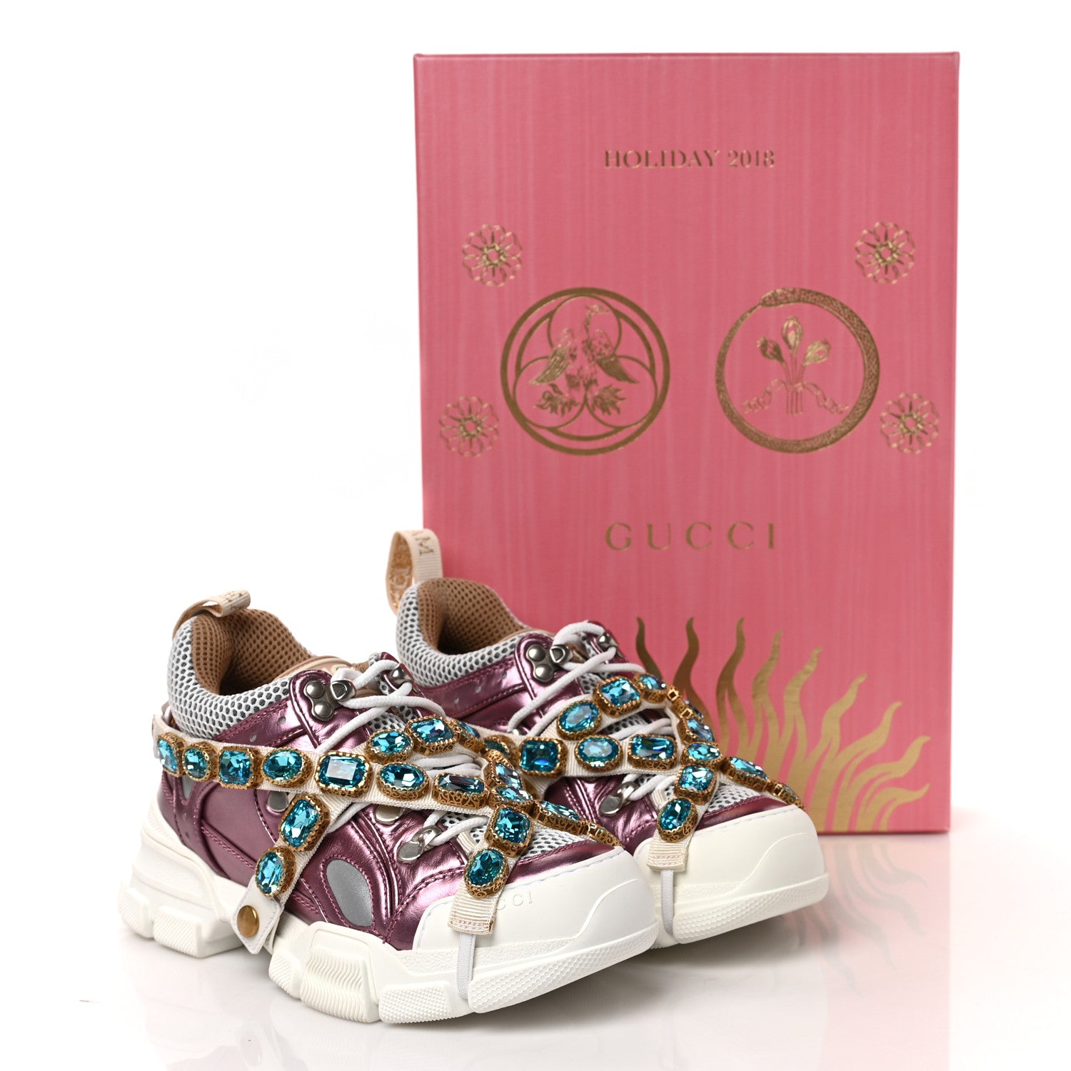 Gucci X SEGA Metallic Calfskin Mesh Removable Crystals Womens Flashtrek Sneakers 35.5 Rosa Great 35.5 White Silver 9 of 9