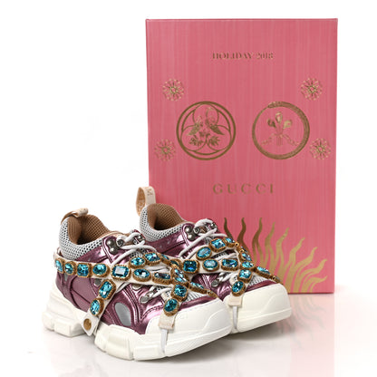 Gucci X SEGA Metallic Calfskin Mesh Removable Crystals Womens Flashtrek Sneakers 35.5 Rosa Great 35.5 White Silver 9 of 9