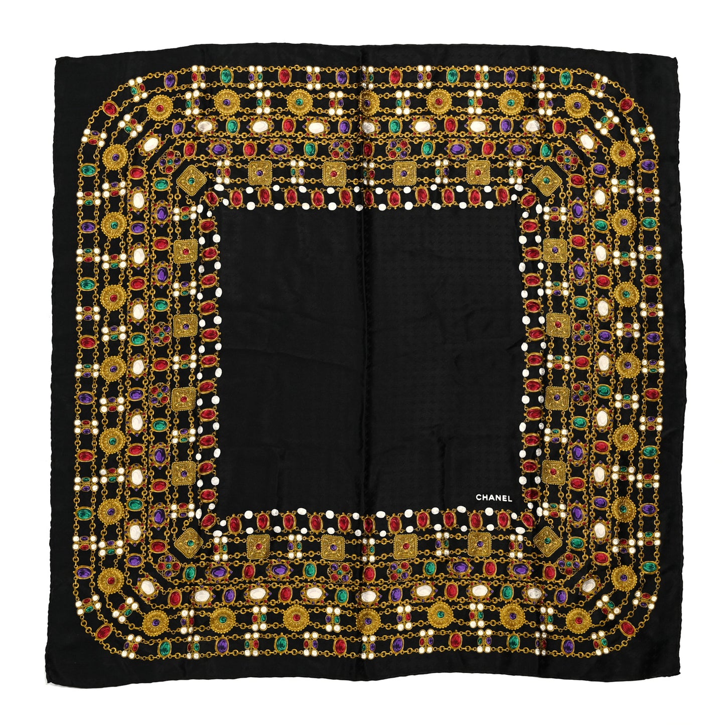 Silk Pearl Jewel Chain Print Scarf Black