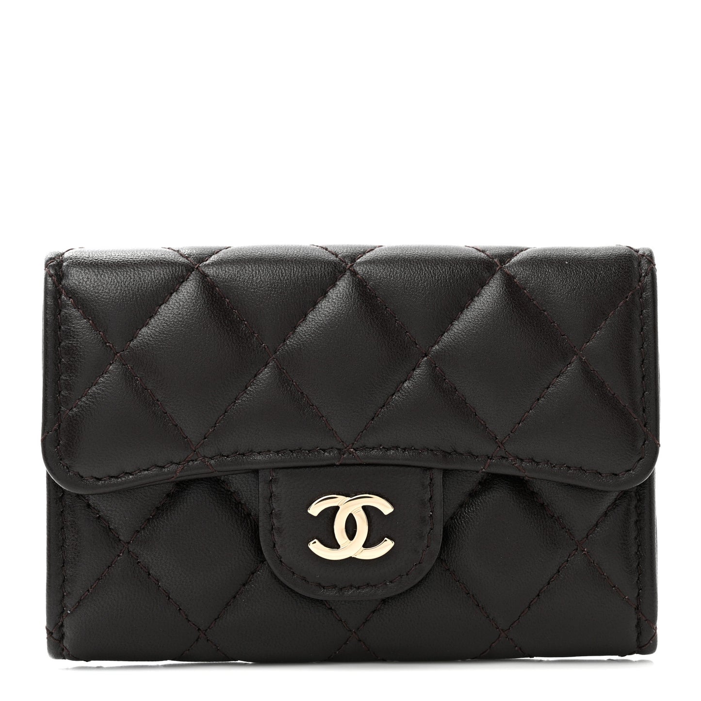 Lambskin Quilted Flap Card Holder Dark Brown