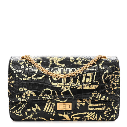 Chanel Calfskin Crocodile Embossed Graffiti 2.55 Cocodile Reissue 225 Flap Black Gold 1 of 12