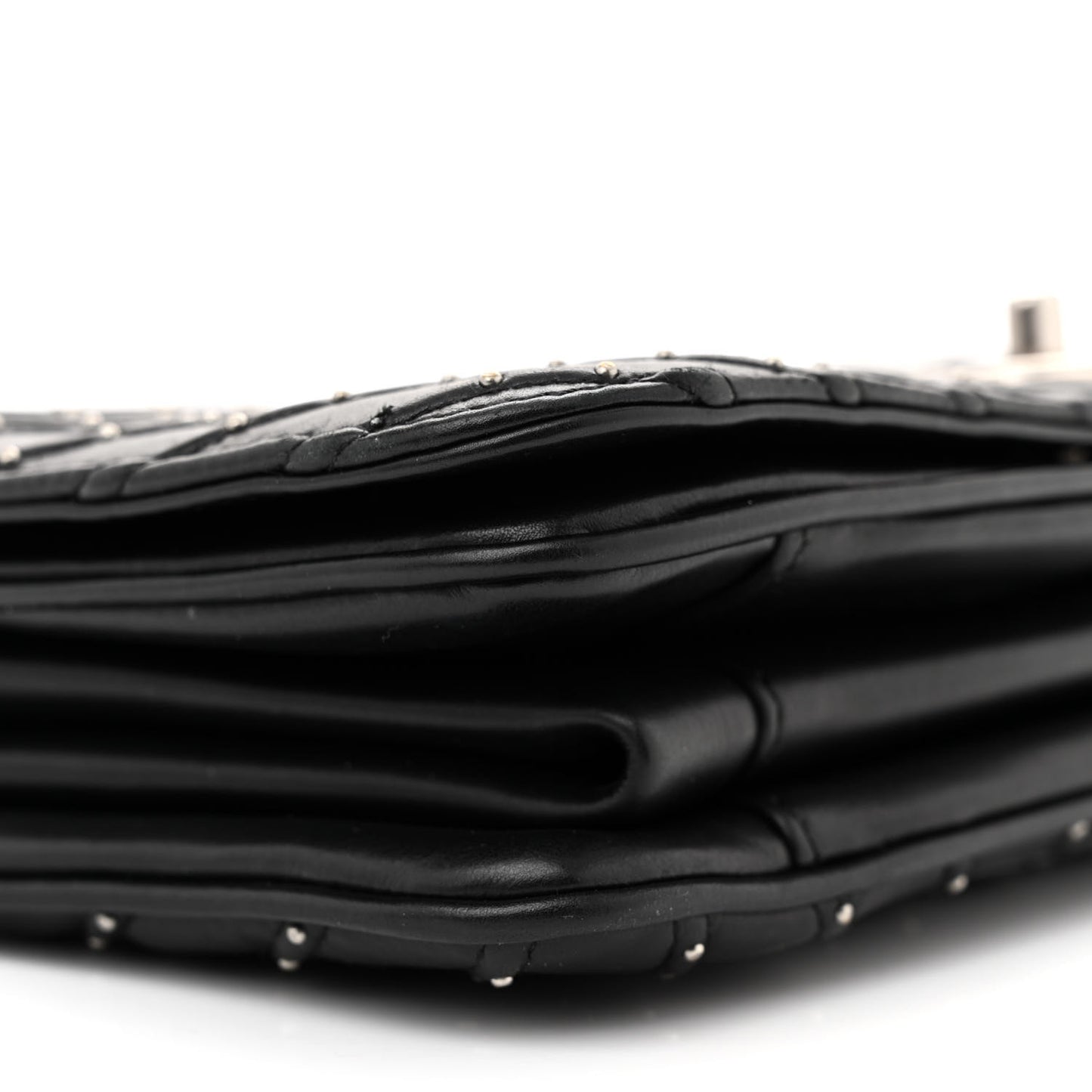 Calfskin Studded Chevron Quilted Flap Black