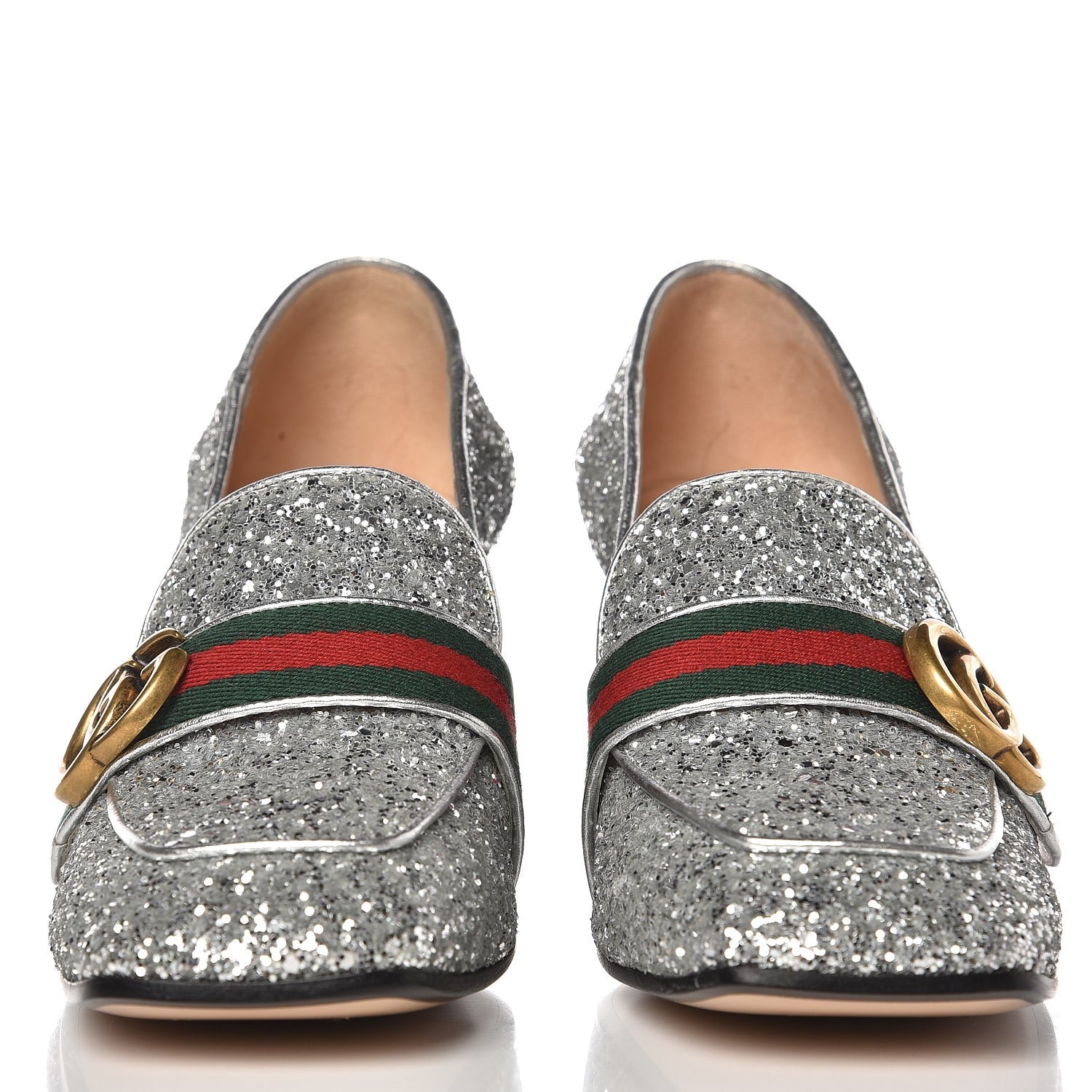 Gucci Glitter Nappa Web Peyton 75mm Loafer Pumps 38 Argento 3 of 12