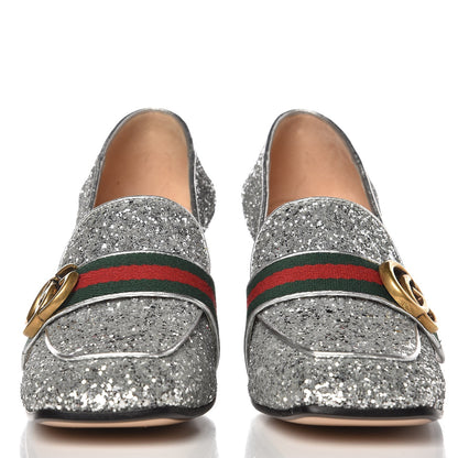 Gucci Glitter Nappa Web Peyton 75mm Loafer Pumps 38 Argento 3 of 12